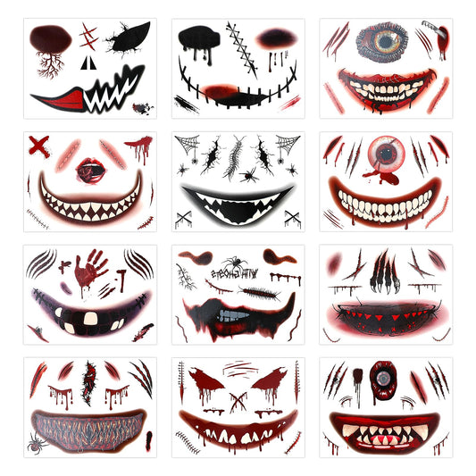 Amaxiu Halloween Prank Makeup Temporary Tattoo, 12Sheets Halloween Mouth Tattoo Stickers Scar Temporary Tattoos Clown Horror Mouth Fake Tattoo Sticker Scary Scar Big Mouth Face Tattoos Decals