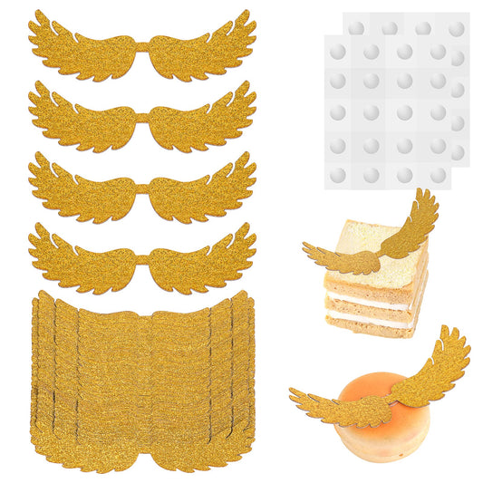 cobee 40pcs Gold Wings Wizard Party Chocolate Decoration Cupcake Toppers, Golden Glitter Wings Chocolate Cake Toppers Shiny Party Cake Decorations for Wizard Theme Party Anniversary Birthday Wedding