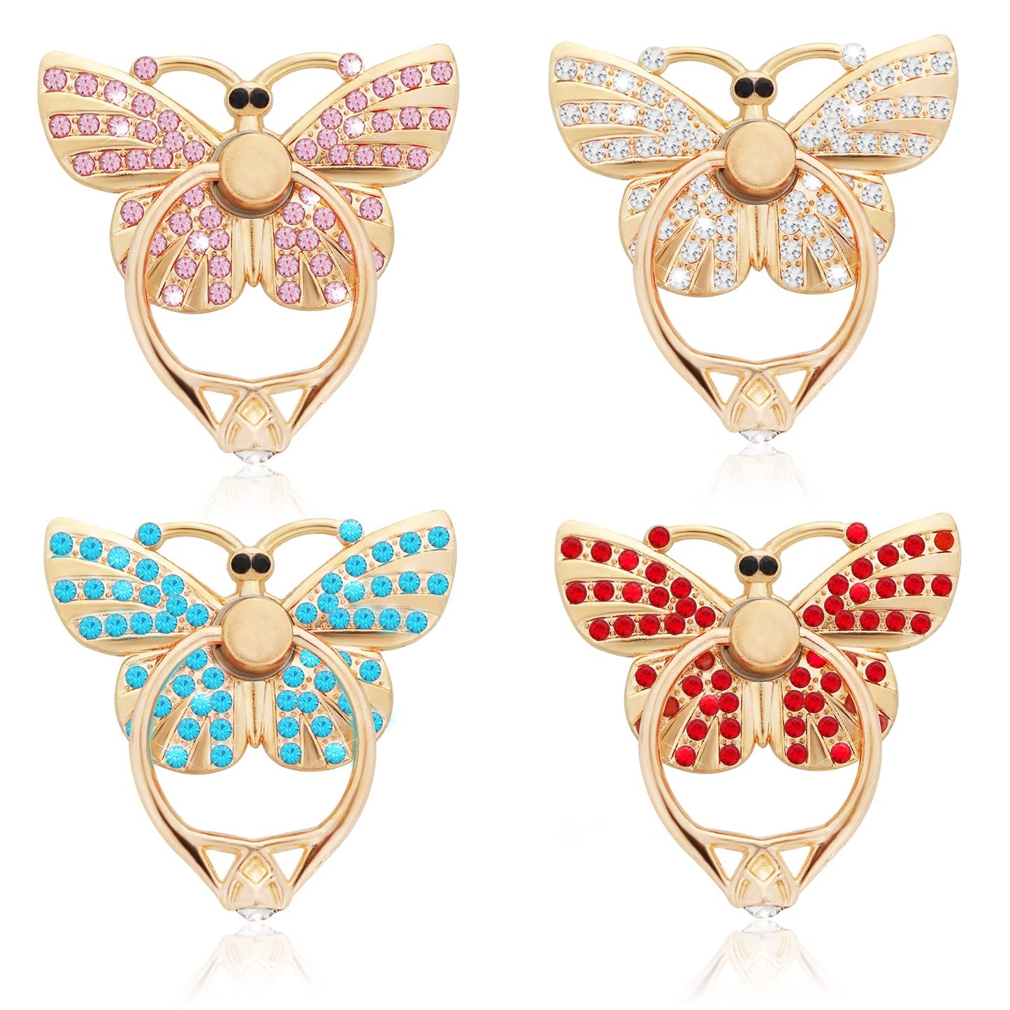 cobee Cell Phone Ring Holder Stands, 4 Pcs Butterfly Phone Ring Holders with Rhinestones Glitter Butterfly Finger Kickstand Metal Hand Grip with Knob Loop 180°/360° Rotation Kickstands(4 Colors)