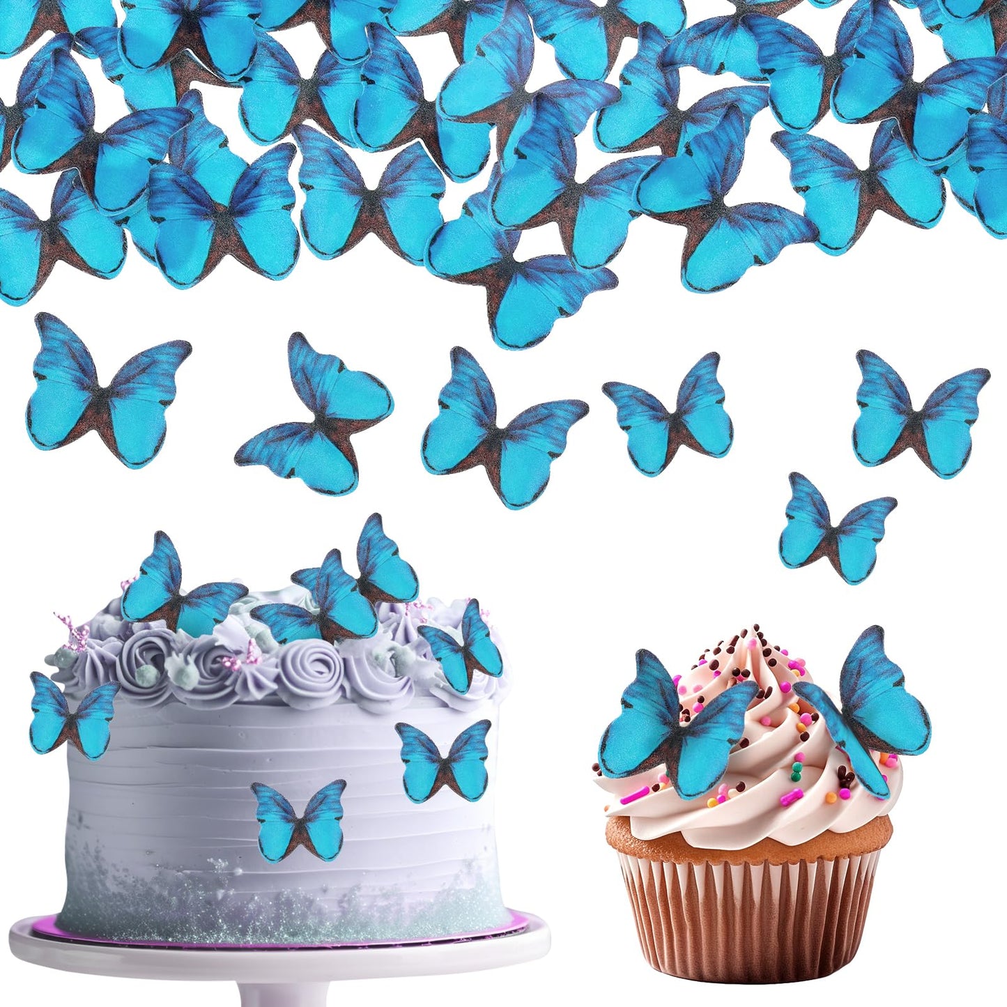 TIESOME 48 Pcs Edible Butterflies for Cake Decorating, Vivid Butterfly Cake Topper Butterfly Cupcake Decorating for Wedding Birthday Anniversary Flower Themed Party Decorating Princess Games (Cyan)