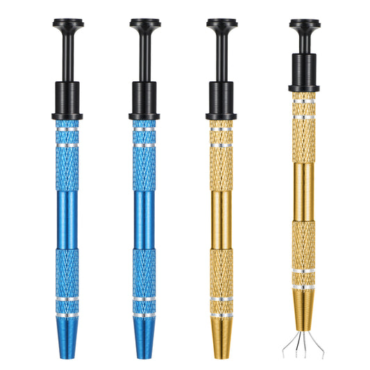 Bewudy 4Pcs Piercing Ball Grabber Tool, 4 Prongs Jeweler's Pick Up Tool, Stainless Steel Diamond Claw Tweezers Pearl Grabber for Tiny Objects IC Chips Electronic Components(Blue and Gold)