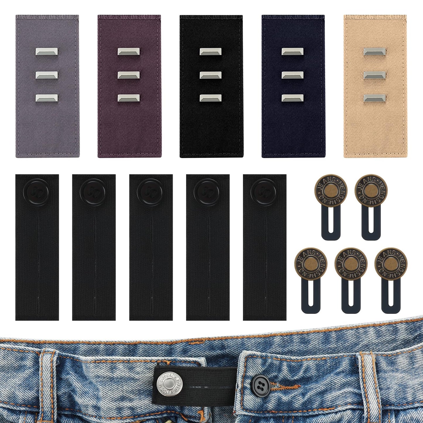 cobee 15PCS Pants Waist Extenders 3 Styles, No Sewing Waistband Button Extenders Adjustable Elastic Jean Waist Extender Pant Waistband Expander for Women Men Jeans Skirts Trousers Collars Supplies