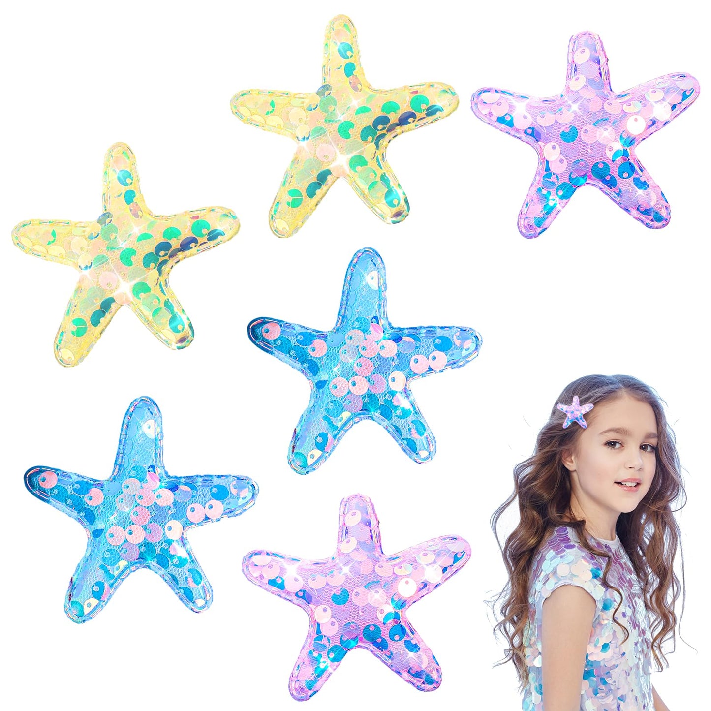 Amabro 6 Pcs Starfish Hair Clips, Glitter Sea Star Hair Barrettes Starfish Hair Accessories Sequins Snap Hair Clip Beach Sea Star Hairpins for Women Girls(Pink, Blue, Yellow)