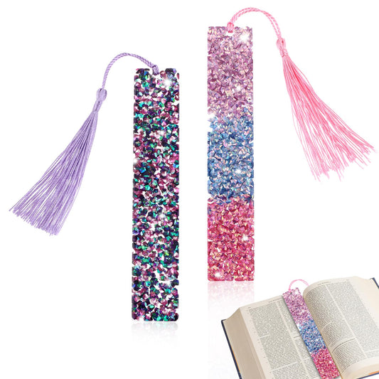 Andibro 2 Pcs Glittering Rhinestones Bookmarks for Ladies, Women Shiny Art Bookmark, Cute Crystal Resin Book Markers Aesthetic Page Marker with Colorful Tassel Gift for Teens Girls Birthday Wedding