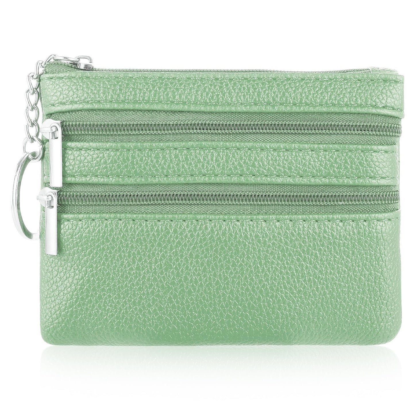 TIESOME Women's Leather Coin Purse, Genuine Leather Zipper Wallet Mini Coin Bag Portable Coin Purse with Keychain Card Holder Wallet (Light Green)