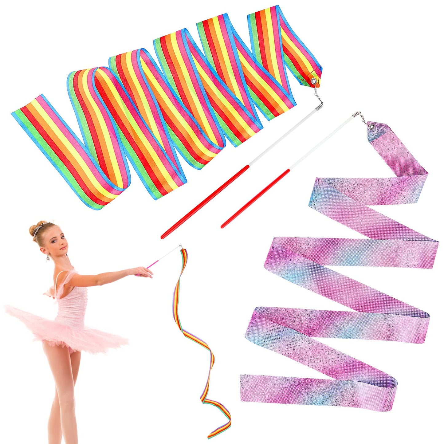 Cobee Gymnastics Dance Ribbons, 2 Pieces 78.7 Inch Sparkling Dancing Ribbons Rainbow Dance Ribbon with Wand Rhythmic Ribbons Streamers for Adults Kids Artistic Dancing Training