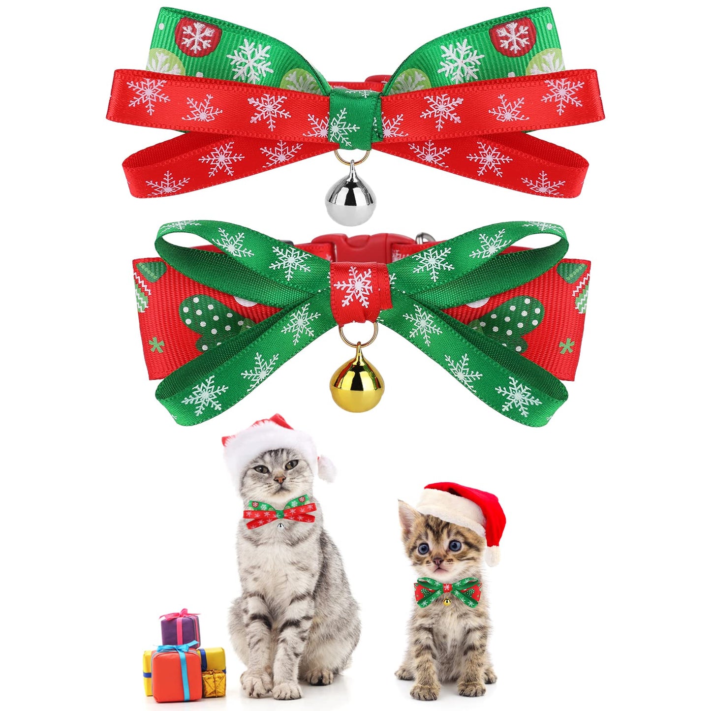 Cobee Christmas Cat Bowtie Collar with Bell, 2 Pieces Xmas Adjustable Kitten Collar Breakaway Safety Cat Bow Tie Collar Holiday Santa Collar for Kitty Small puppy