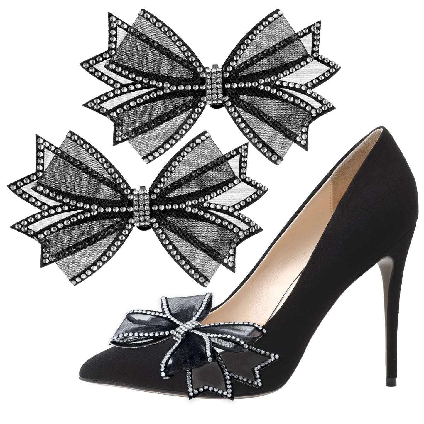 GEEHUA 2 Pieces Wedding Shoe Clips for Women Shoes, High Heel Shoe Clips with Mesh Bow and Rhinestones, Removable Bow, Bridal Wedding Party Prom Decoration