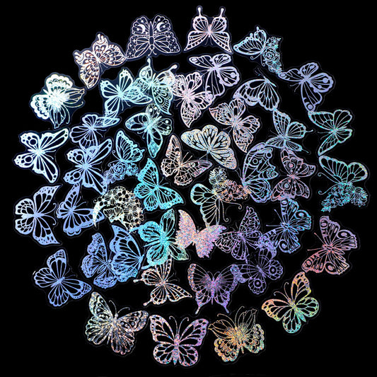 TIESOME 100pcs Holographic Glitter Butterfly Stickers, Waterproof Butterfly Sticker Glitter Resin Butterfly Stickers for Scrapbooking Daily Planner Water Bottles Laptops