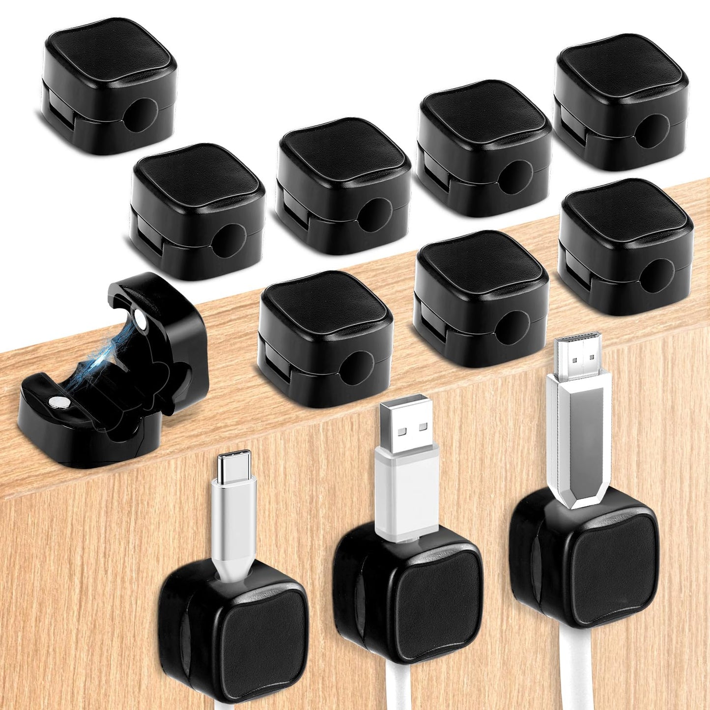 GEEHUA 12PCS Magnetic Cord Organizer Holder, Hide Phone Charging Cable Keeper Wire Holder Desktop Cable Clips Management Easy Secure Adhesive Charger Holder for Home Office Car Nightstand (Black)