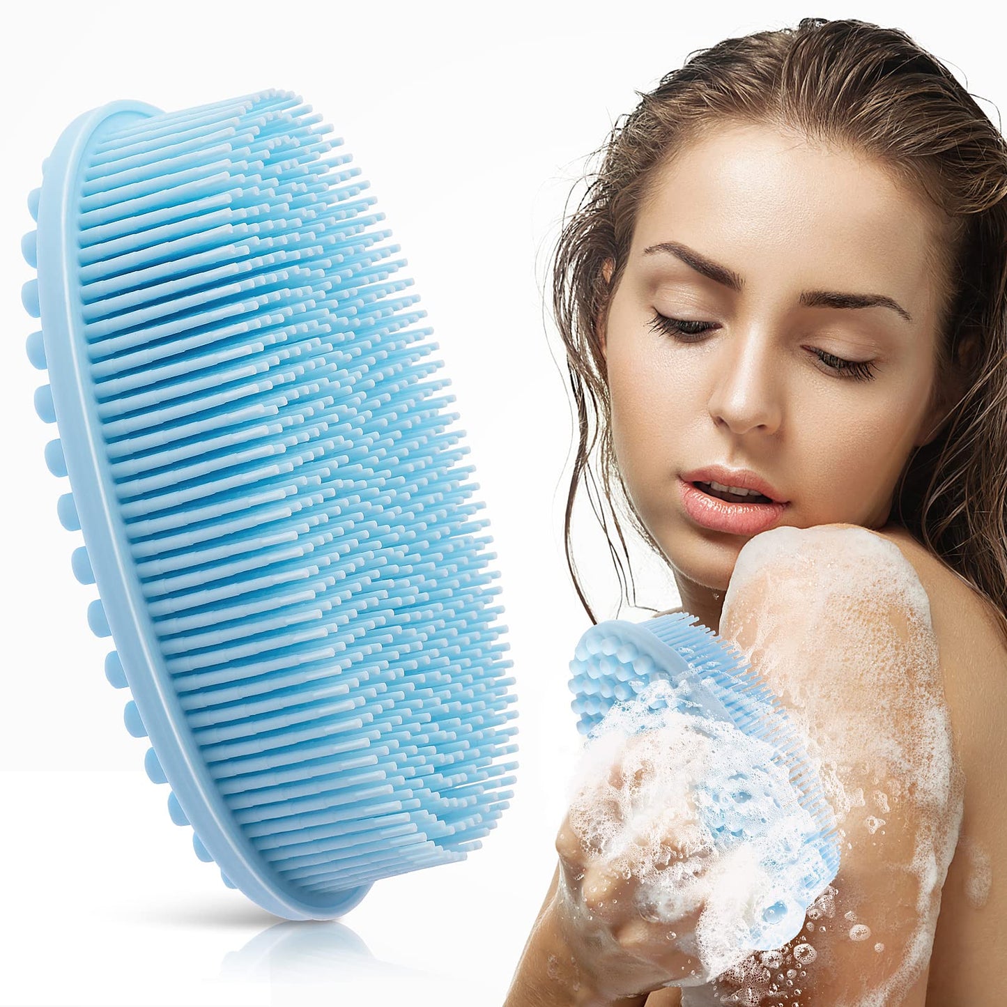Cobee Silicone Bath Brush, Soft Body Scrubber Exfoliating Shower Brush Loofah Brush Body Scrub Brush Head Massage Brush 2 in 1 Shampoo Brush for Women Men All Kinds of Skin (Blue)