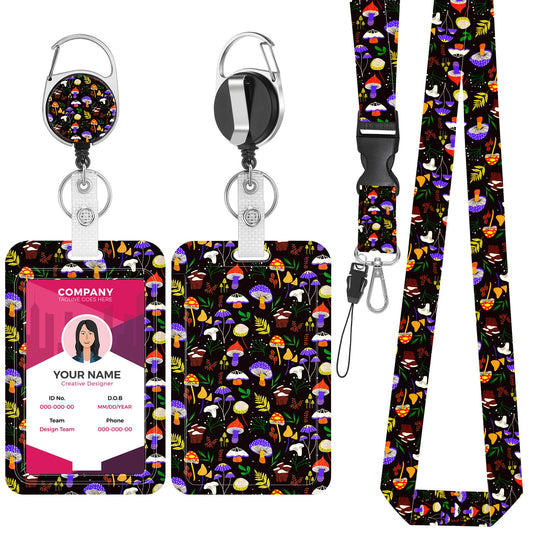 Bewudy Mushroom ID Badge Holder with Lanyard, Retractable Lanyards for ID Badge Reels and Detachable, Badge Holder with Breakaway Lanyard for Office Nurse Teacher Gifts (Cartoon Mushroom)