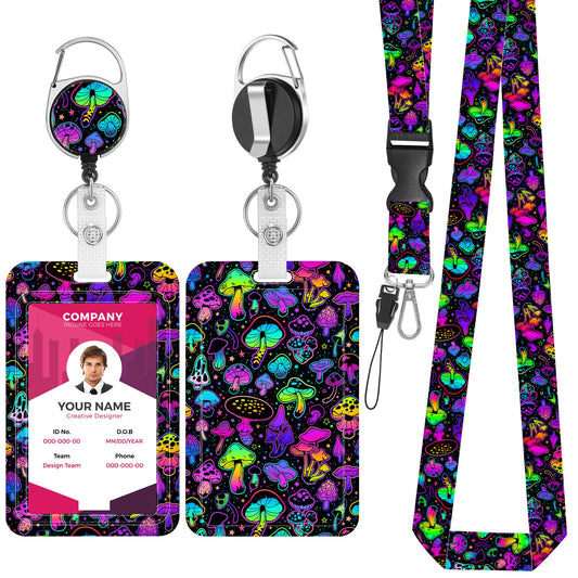 Amabro Badge Holder Lanyard Set, Colorful Mushroom Breakaway Lanyard Neck Lanyard 360° Rotate Retractable Badge Reel Clip Name Card Tag Vertical ID Protector for Nurse Teacher Office Supplies(Style-A)