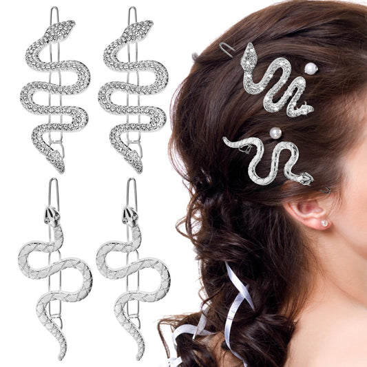 cobee 4 PCS Snake Hair Pins, Alloy Vintage Snake Hair Barrettes Minimalist Crystal Snake Hair Pins Sparkly Rhinestone Hairpin Clips Hair Jewelry Accessories For Women Girls Headdress(Silver)