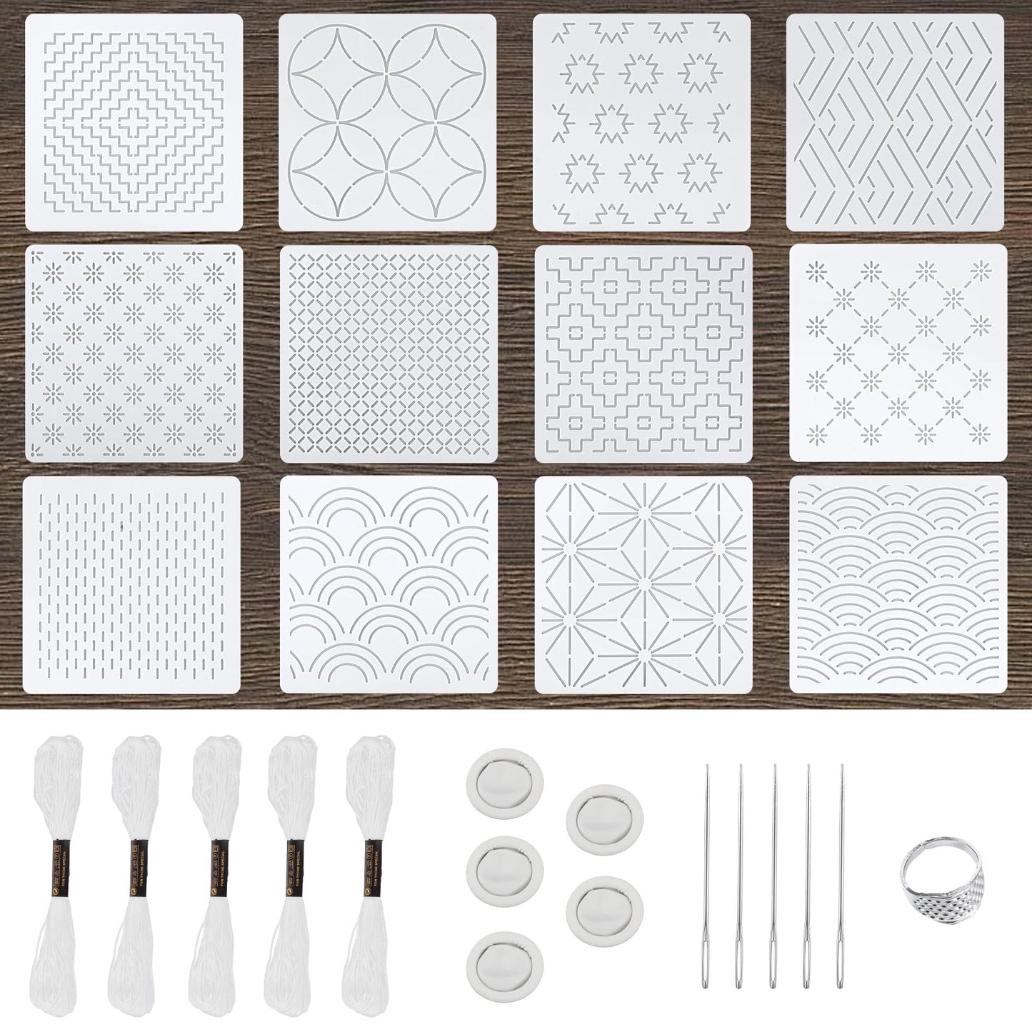Amabro Sashiko Stencil Set 4.7 x 4.7 Inches with Needle Thread Thimble Set of 28