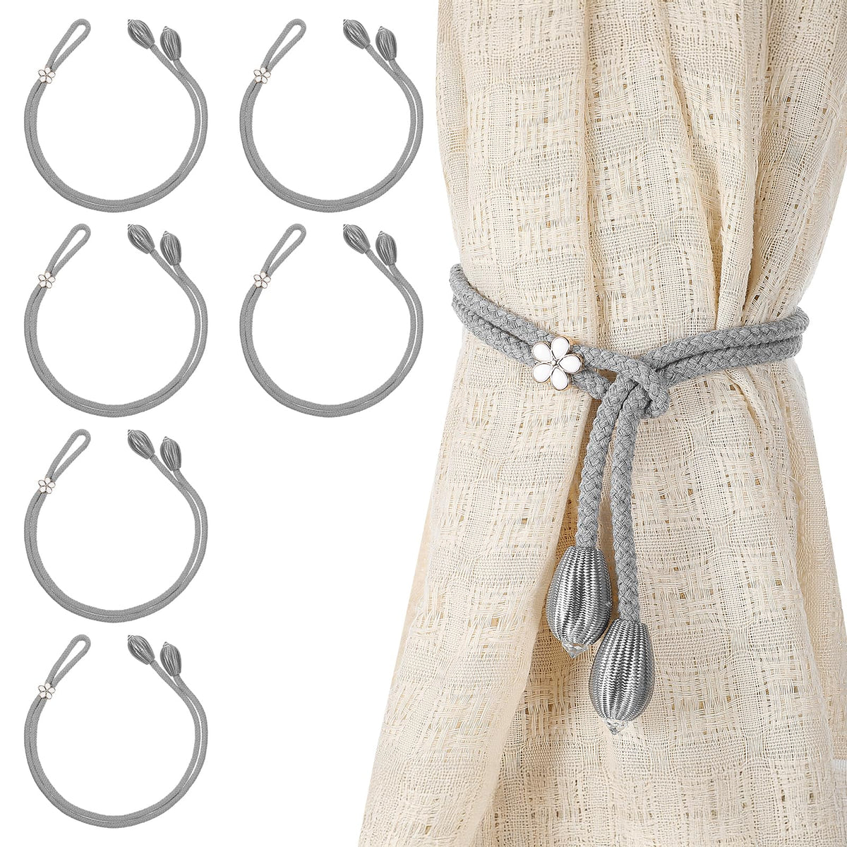 DOPENSPI Pack of 6 Hand-Woven Flower Curtain Tiebacks, 53 cm Curtain