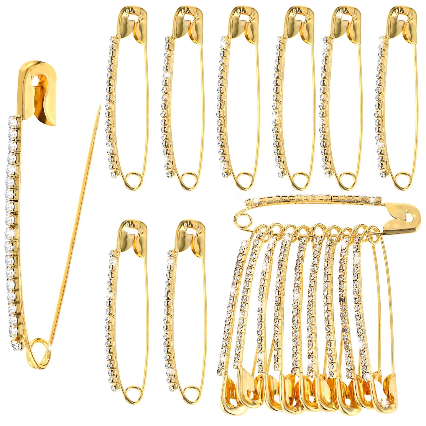 AOZUO 24PCS Gold Rhinestone Safety Pins, Gold Brooch Sweater Shawl Clips Faux Crystal Brooches Shiny Brooch Pins for Women