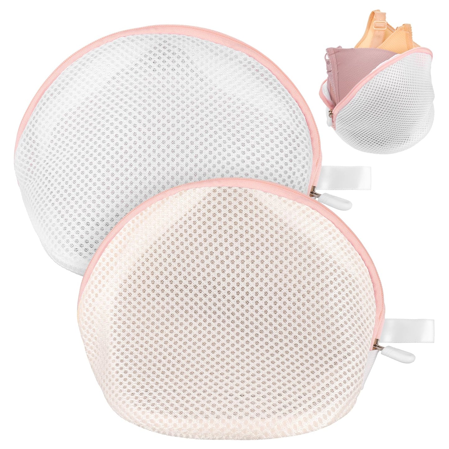 Jeffdad 2 Pack Bra Washing Bag, Mesh Lingerie Bags with Zipper for Laundry, Lingerie Bag Underwear Brassiere Washing Bags for Women(White and Pink)