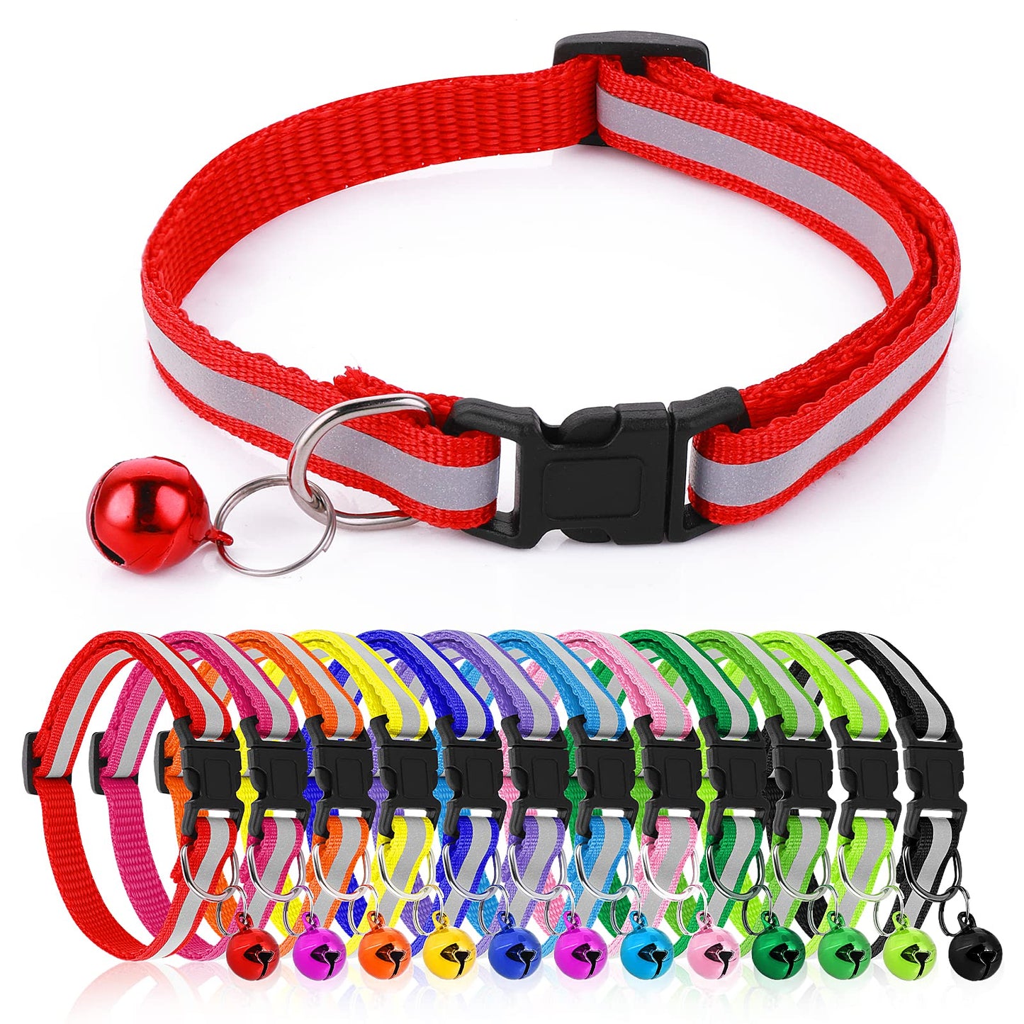 Molain Reflective Dog Collars, 12pcs Breathable PVC Adjustable Pet Collar with Safety Quick Release Locking Buckle Puppy Collar with Stainless Steel Bells Suitable for Dogs Puppies Cats Kittens