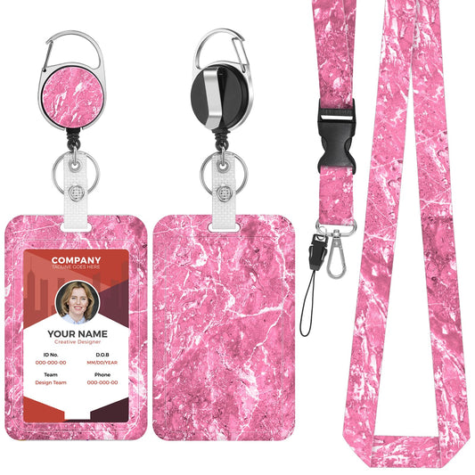 Amaxiu Marble ID Badge Holder with Detachable Lanyard and Retractable Reel, Name Tag Holder Holding 2 Cards Hard Credit Cards Protector Office Supplies(Pink Marble)