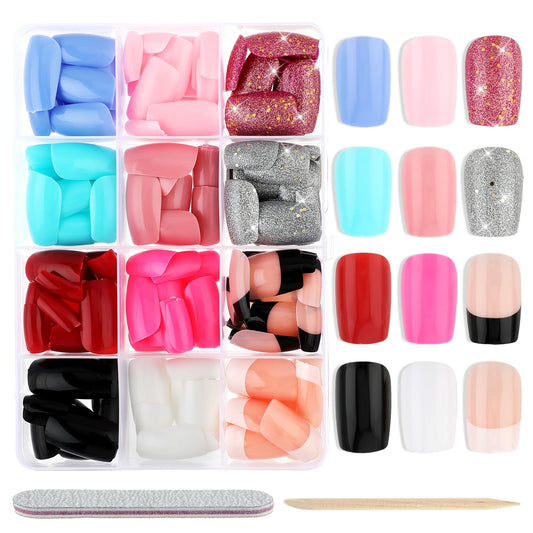 Andibro 288 Pcs Press on Nails Set, 12 Colors Full Cover False Long Fake Nails Kit Matte & Glitter False Nails Coffin Medium Length Nail Tips Sticker for Women Girls Nails Art Decoration(C)