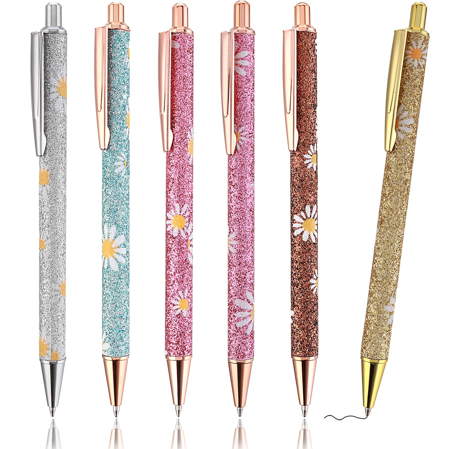 cobee Bling Metal Pens, 6 Pack 1.0 mm Click Retractable Ballpoint Pens Black Ink Medium Point Gift Pens Glitter Retractable Pen Comfortable Writing Pen Pretty Journaling Pens for Student(Daisy Print)