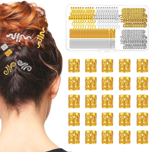 Bewudy 80 Pcs Hair Beads Dreadlocks Accessories, 6 Styles Hair Jewelry for Hair Braid Rings Clips, Gold Hair Cuffs Hair Charms for Braids for Women and Girls