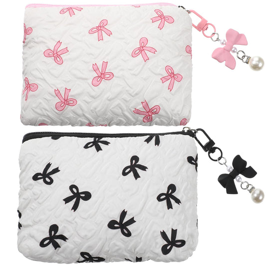 LXUEJIE 2 PCS Small Makeup Bag for Handbag, Pink & Black Cute Makeup Bag for Handbag Cosmetic Zipper Bags Mini Cosmetic Pouch with Pleated Embossed Texture