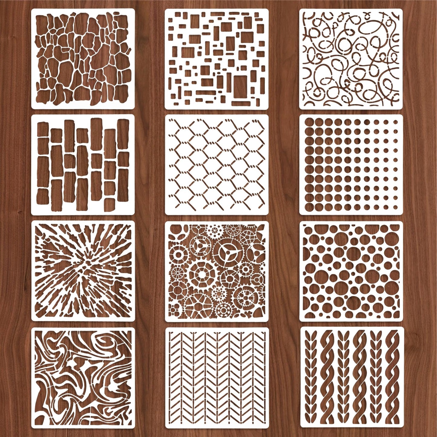 Jeffdad 12 Pcs Stencils for Crafts Reusable, Texture Stencils for Painting, Layering Drawing Templates Painting on Card Making Canvas DIY Crafts Furniture Paper(5.9 x 5.9 Inch)