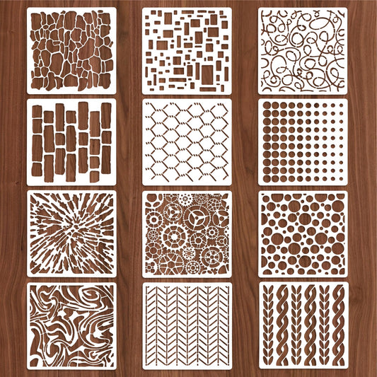 Jeffdad 12 Pcs Stencils for Crafts Reusable, Texture Stencils for Painting, Layering Drawing Templates Painting on Card Making Canvas DIY Crafts Furniture Paper(5.9 x 5.9 Inch)