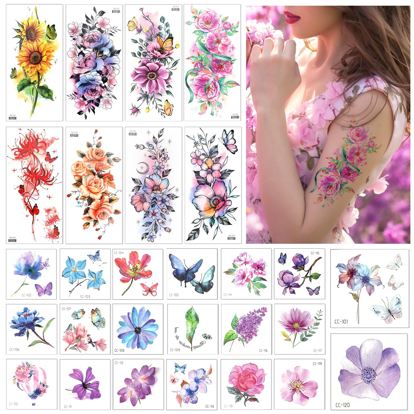 Amaxiu 8 Sheets Half Arm Flower Temporary Tattoos with 20 Small Floral Tattoo Stickers, Realistic Flower Temporary Tattoo Waterproof Fake Tattoos for Women Adults