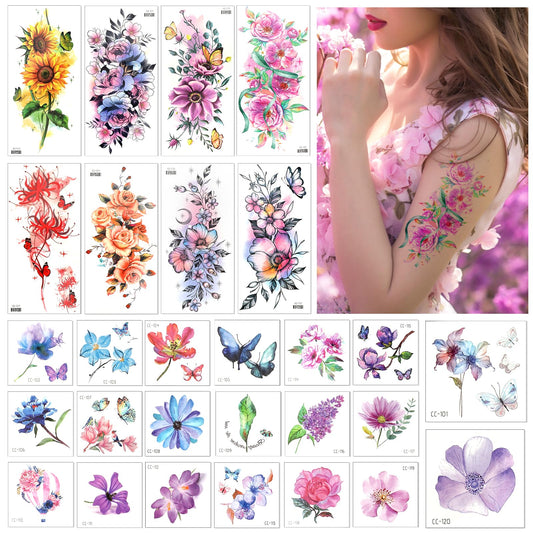 Amaxiu 8 Sheets Half Arm Flower Temporary Tattoos with 20 Small Floral Tattoo Stickers, Realistic Flower Temporary Tattoo Waterproof Fake Tattoos for Women Adults