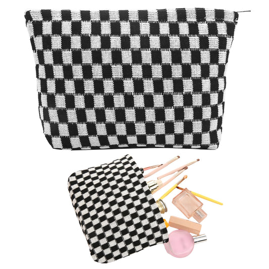 Bewudy Large Makeup Bag for Women Portable Checkered Cosmetic Bags Travel Makeup Bag Large Women Aesthetic Organizer Storage Pouch (Black White)