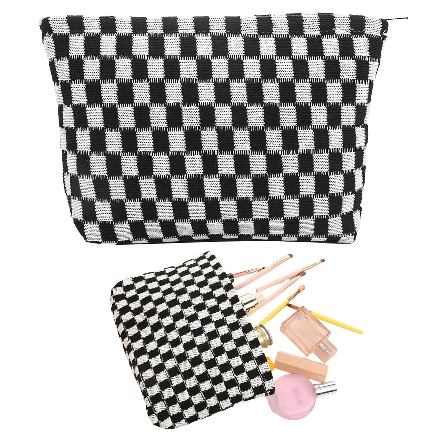 Bewudy Large Makeup Bag for Women Portable Checkered Cosmetic Bags Travel Makeup Bag Large Women Aesthetic Organizer Storage Pouch (Black White)