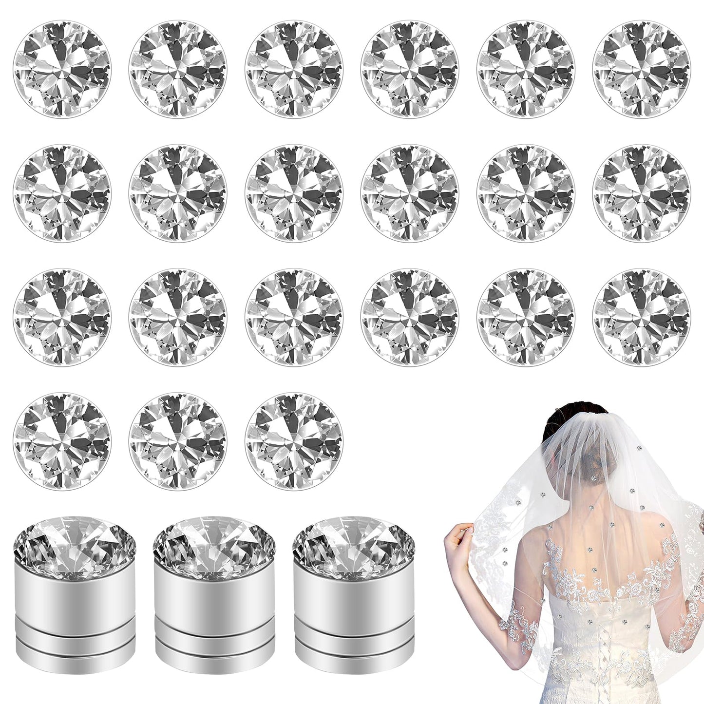 JIEYAO 24 Pcs Wedding Veil Weights, Magnetic Diamonds for Bridal, Dress Weights for Wind Shiny Crystals Hijab Magnets Bride Wedding Dress Accessories for Clothes Scarves Women Girls Gifts