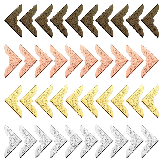 Bewudy 80 Pcs Metal Book Corner Protector, 4 Colors Vintage Iron Book Corner Protector for Scrapbook Photo Album, Triangle Carved Notebook Folder Corner Decorative Frame Angle(Style A)