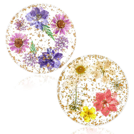 AOZUO Set of 2 Coasters with Dried Flowers, Resin Drinks Coasters, Beer Mats, Round Floral Pattern, Non-Slip Glass Coasters for Cups, Table Coasters, Birthday, Xmas Gifts