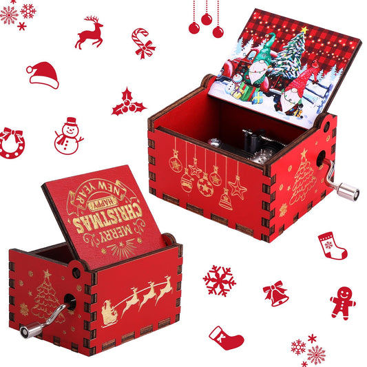 Amaxiu Christmas Music Box - Jingle Bells, Wooden Hand Crank Engraved Musical Box Vintage Mini Music Box for Men Women Xmas Stocking Gift Decorations New Year Winter Birthday Party Supplies