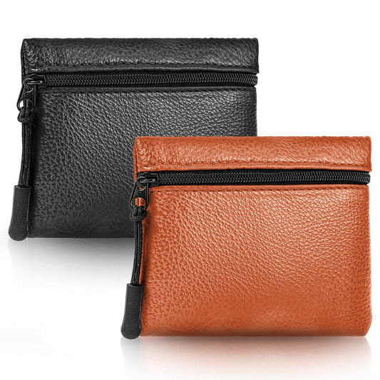 Andibro 2 Pcs Vegan LeatherCoin Purse, Change Purse for Women, Small Coin Pouch Coin Bag Credit Card Pouch Change Holder (Black+Light Brown)