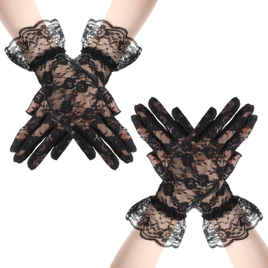AOZUO 2 Pairs Lace Gloves, Wedding Gloves Tea Party Mesh Sheer Lace Gloves Opera Halloween Cosplay Gloves for Women(Black)