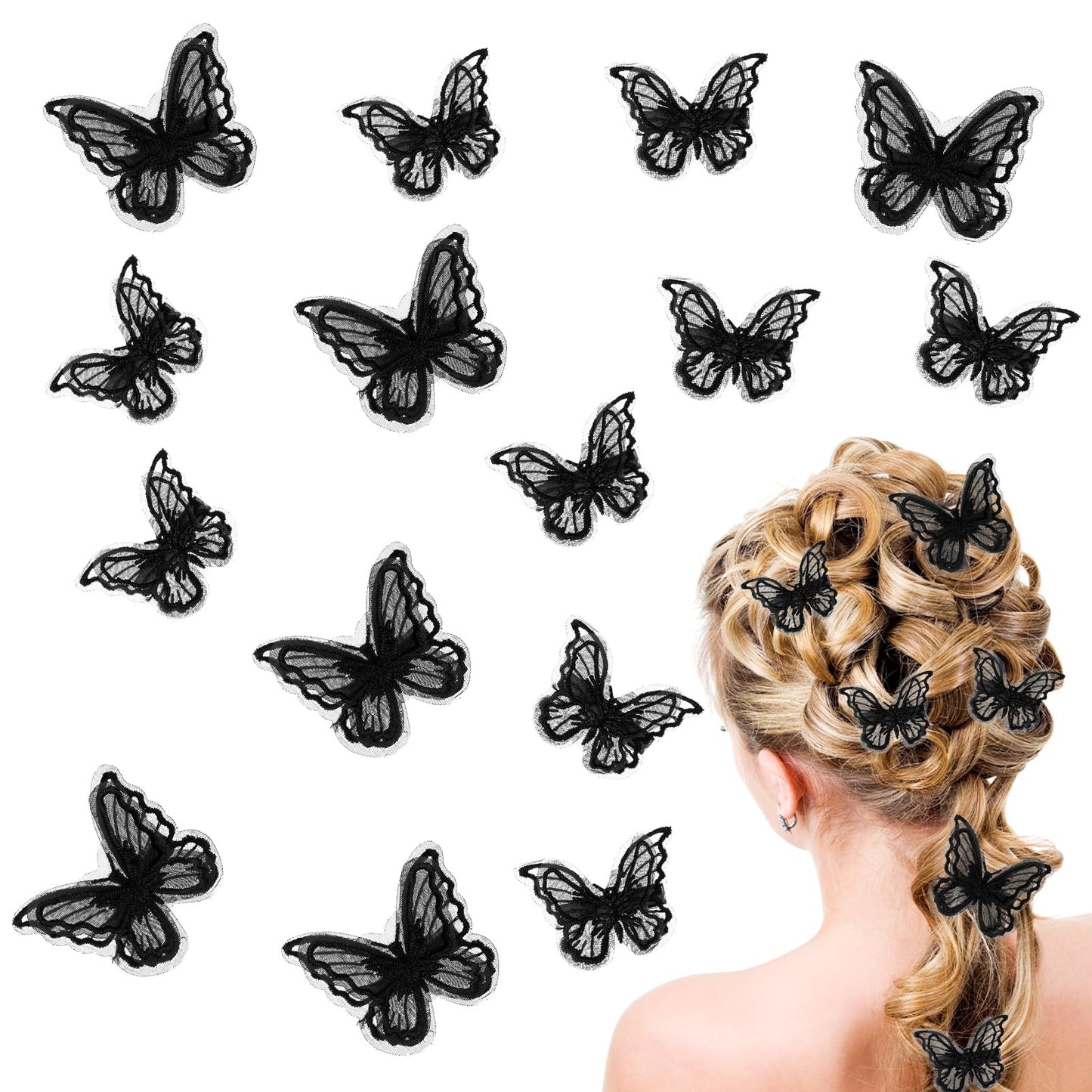 GEEHUA 20 Pcs Halloween Butterfly Hair Clip, 2 Sizes Double Layer Lace Mesh Butterfly Hair Pins Embroidery Hair Pins Hair Bows Witch Scary Cosplay Costume Headpiece Accessories for Women