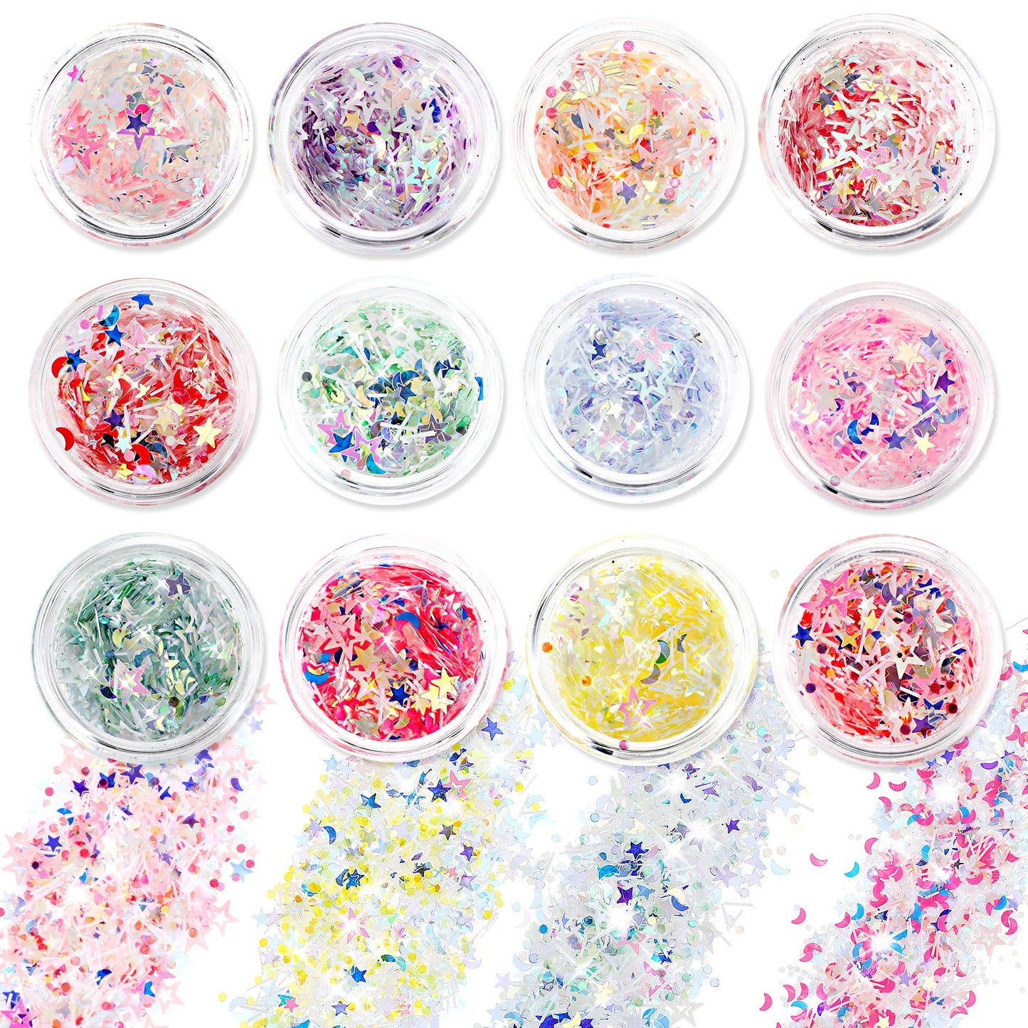 simarro Glitter Sequin, 12 Colors Star Moon Sequin Face Body Nails Glitter Set Accessories for Halloween Makeup Glitter Eyes Lips Body Nail DIY Crafts (Mixcolor-2)