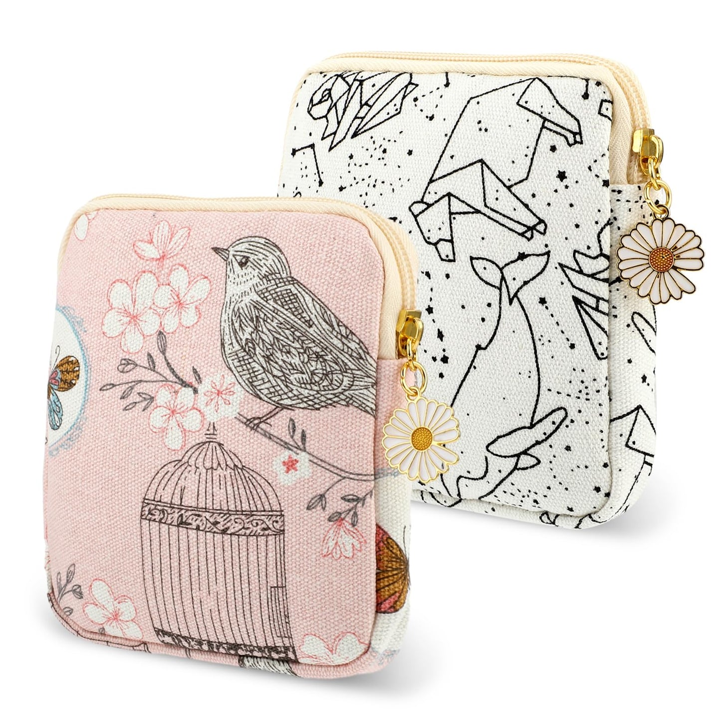 Amabro Sanitary Napkin Storage Bag, 2PCS Period Bags Cute Sanitary Pad Storage Pouch Tampon Pantyliners Menstrual Bag Daisy Zipper Purse for Women Teen Girls School Travel Feminine Product(Bird)