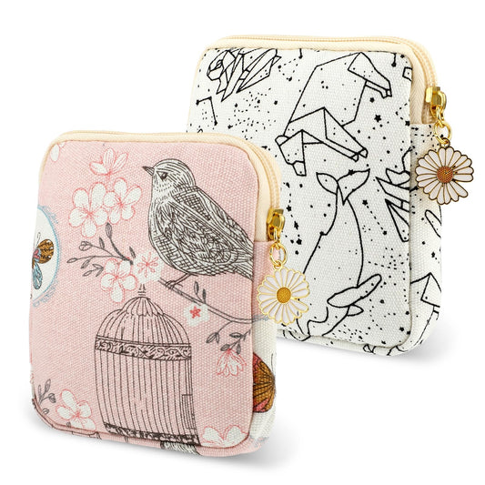 Amabro Sanitary Napkin Storage Bag, 2PCS Period Bags Cute Sanitary Pad Storage Pouch Tampon Pantyliners Menstrual Bag Daisy Zipper Purse for Women Teen Girls School Travel Feminine Product(Bird)
