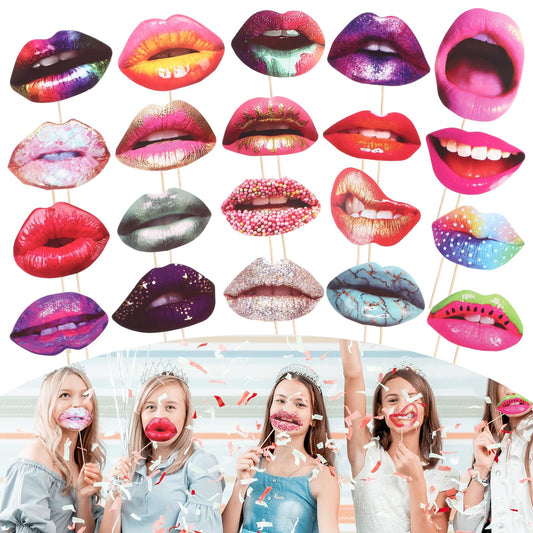 AOZUO 20PCS Funny Lip Mouth Photobooth Props, Handheld Party Selfie Photo Props Accessories for Carnival Wedding Table Decoration Birthday Graduation Halloween Decoration Supplies(Colorful)