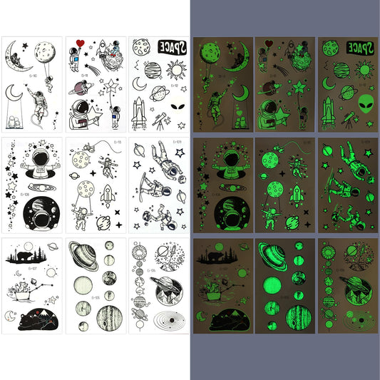 Jeffdad 9 Sheets Luminous Space Temporary Tattoos, Funny Planet Temporary Tattoos Glow Stickers Kids Temporary Tattoos for Party Supplies for Boys Children Outer Space Party Favors (Green Luminous)