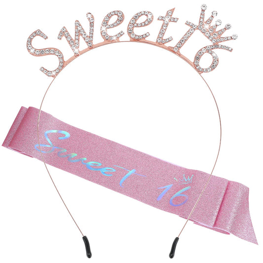 JIYIN Sweet 16 Birthday Sash Headband, Princess Tiara Crown 16th Birthday Decorations for Girls, 16 Birthday Headband Sweet Gifts(Rose Gold)