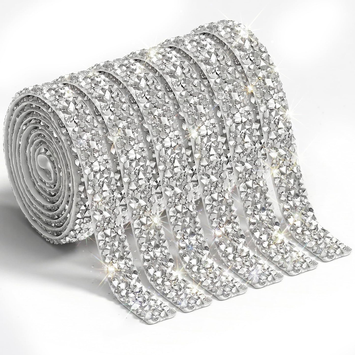 WJIAAA 6 Rolls of Rhinestone Ribbon, Glitter Rhinestones, Self-Adhesive for Wedding, Birthday Decoration, DIY, Car, Mobile Phone Shoe Decoration (Silver, 10 mm Width)