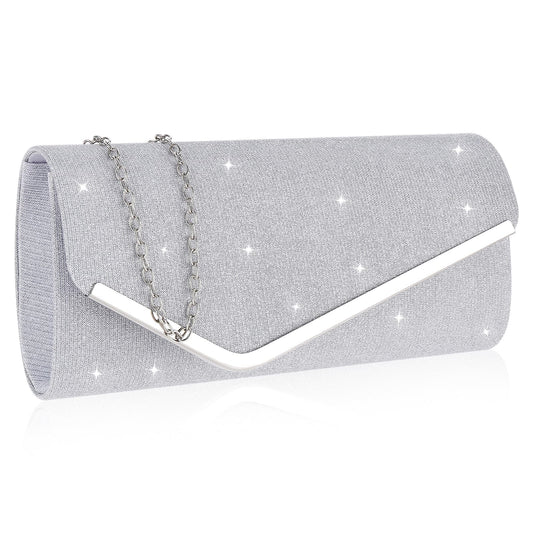 Bewudy Silver Clutch Bag for Women, Sparkly Evening Handbag with Chain Strap, Glitter Envelope Clutch Shoulder Bag for Wedding Dinner Evening Clutch Prom Party Handbag Purse Ladies