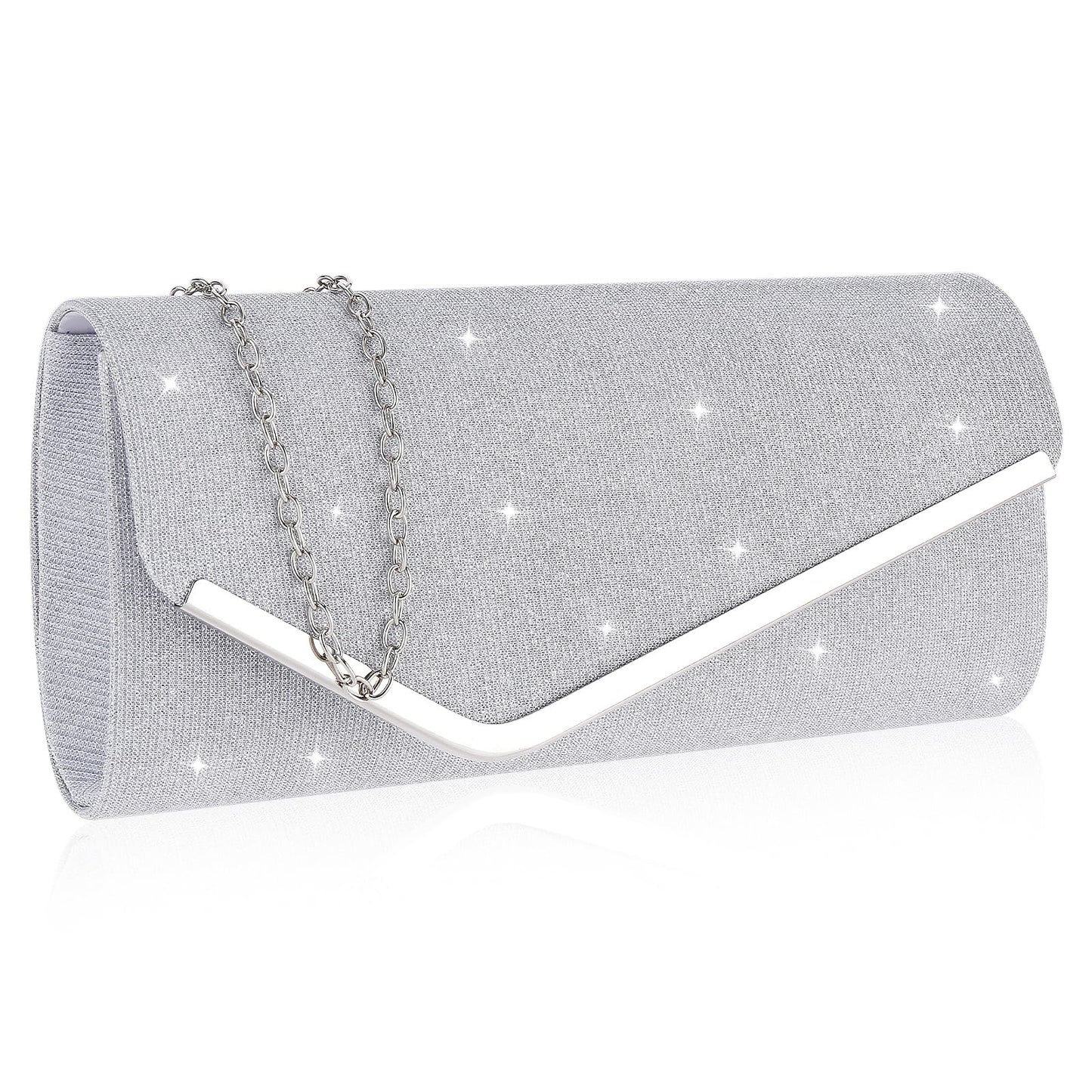 Bewudy Silver Clutch Bag for Women, Sparkly Evening Handbag with Chain Strap, Glitter Envelope Clutch Shoulder Bag for Wedding Dinner Evening Clutch Prom Party Handbag Purse Ladies